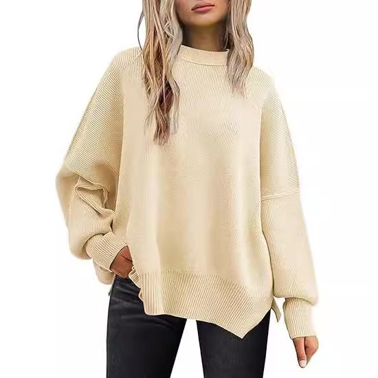 Autumn and Winter Side-Slit Knit Sweater, Round Neck, Loose Fit, Solid Color, Batwing Long Sleeves, Women's Chunky Knit, European Size, Lazy Style