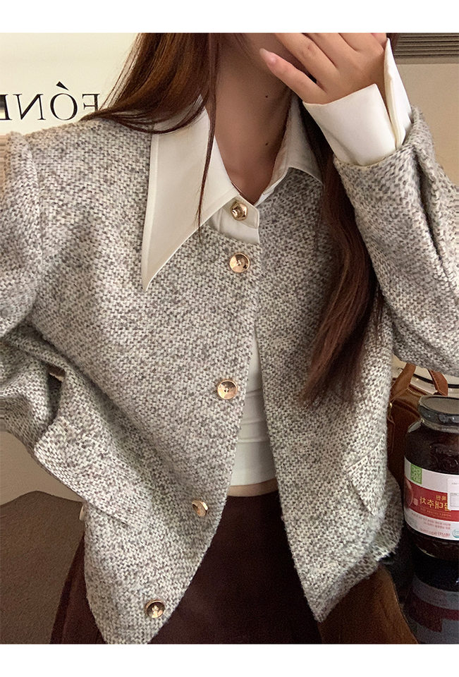 Áo khoác nữ dáng ngắn kiểu sang trọng, tay dài, cổ polo, chất liệu polyester — Hoa màu xám chi tiết 14