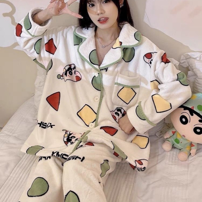 크레용 작은 새 산호 양털 가을과 겨울 잠옷 여성 기모 두꺼운 홈 의류 커플 2024 새로운 남성 세트