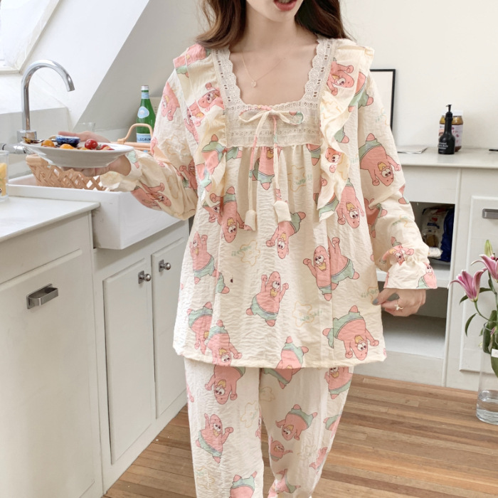 Estilo puro deseo otoño e invierno nuevo pijama de las mujeres tejido de algodón fresco manga larga ins estilo dulce encaje desgaste del hogar traje