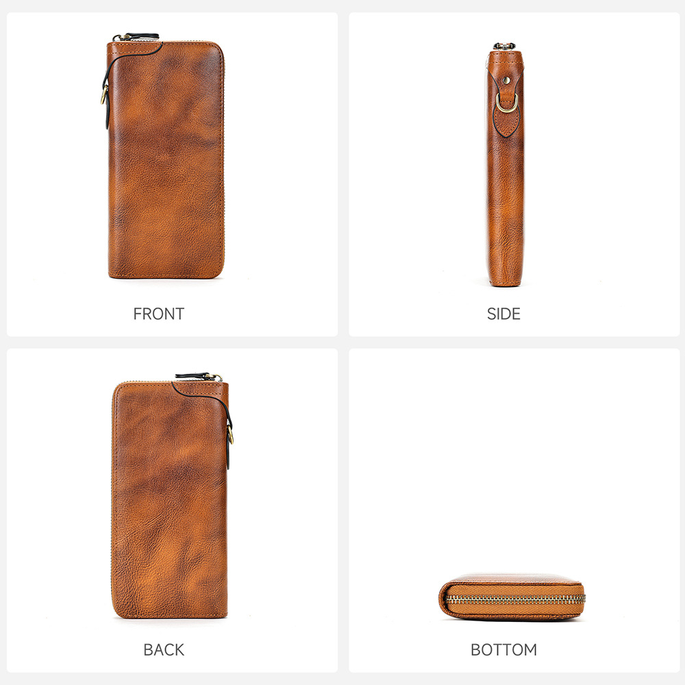 Ví da bò dài cổ điển nhiều ngăn thẻ chống từ RFID — màu đỏ, màu xanh, màu xanh lá cây, nâu