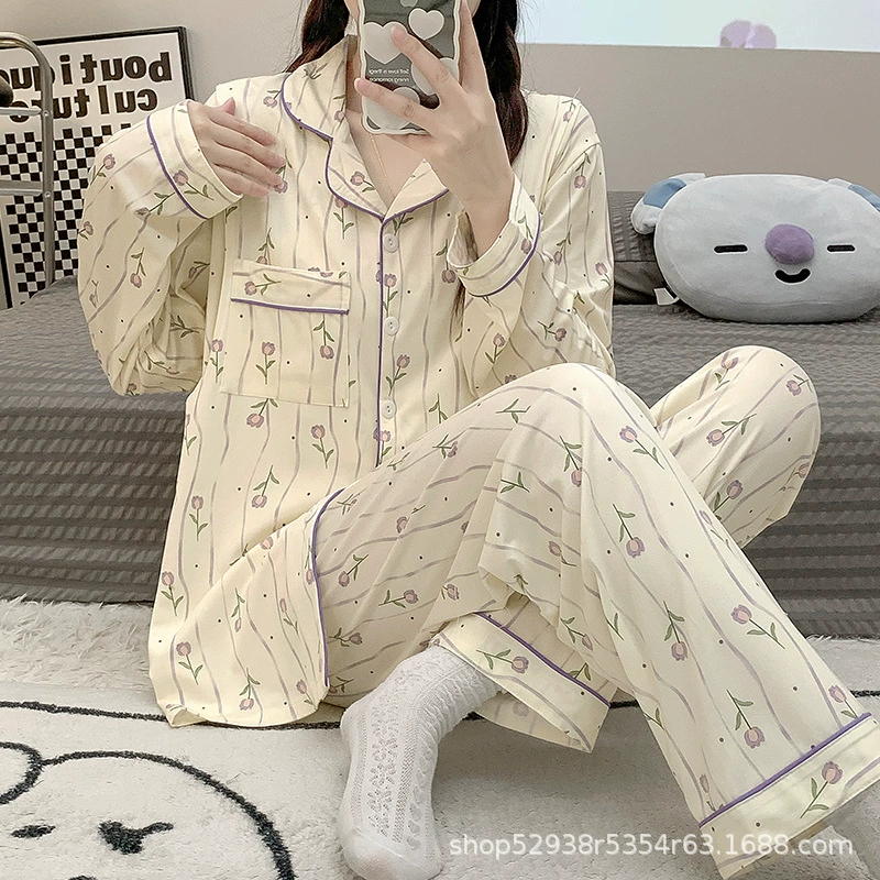 Осадка для беременных весной и осенью по беременности и родам кормящие пижамы из хлопка летом тонкий послеродовой набор кормления 3-9 месяцев