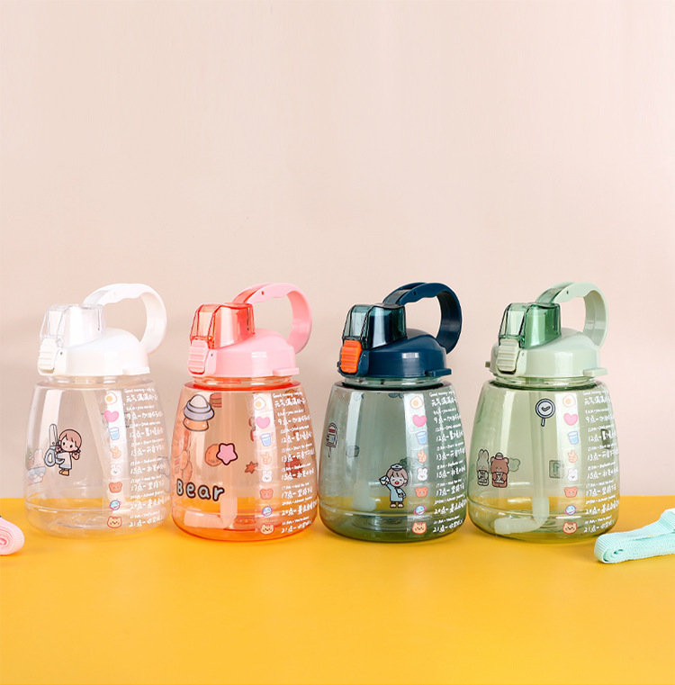 Gran capacidad de plástico de calidad alimentaria taza de agua portátil paja dibujos animados gran vientre taza con mango tapa elástica hervidor de agua para niños