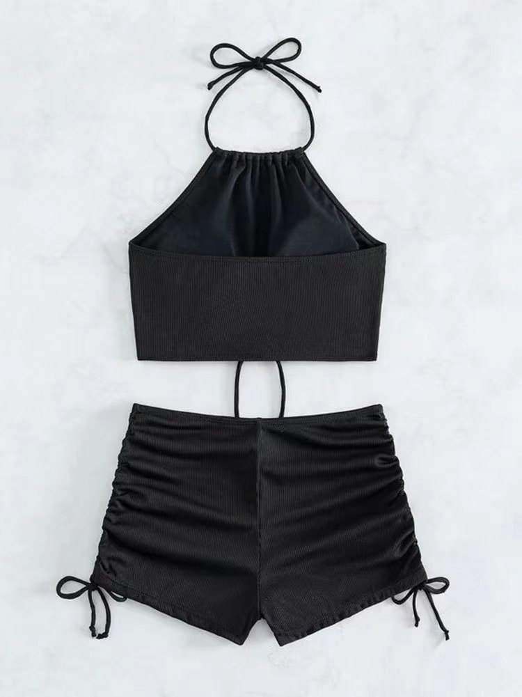 Women's Style Two Piece Swimsuit Ribbed Halter Neck Open Back Drawstring Solid Color Cutout Design_ecoleips.com
