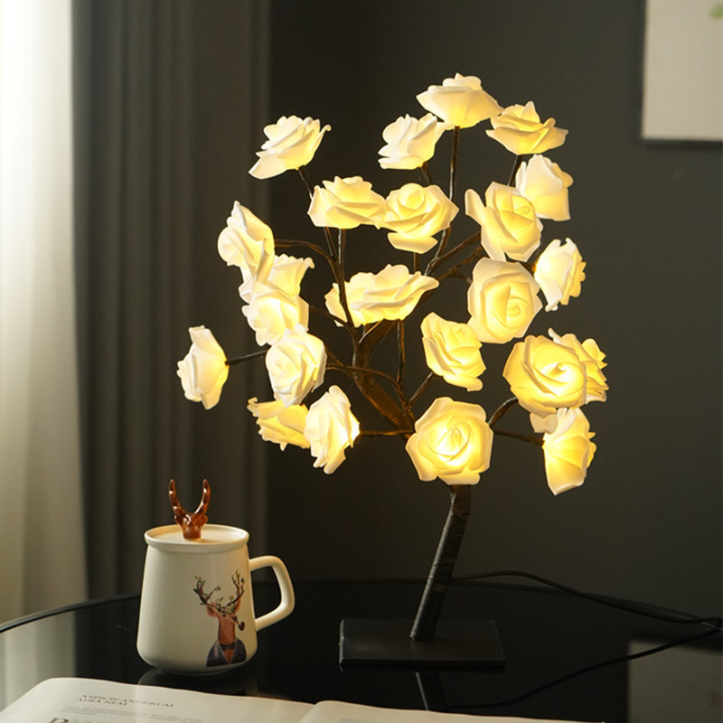 24 lámparas de fondo negro lámpara de árbol de flores blancas con interruptor USB