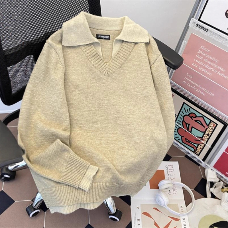 American Retro Fake Two-Piece V-Neck Knit Sweater for Men, Winter Turn-Down Collar Plaid Knit Sweater, Couple's Lazy Style for Women