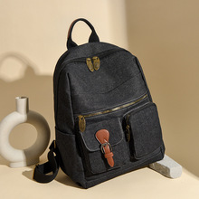 疯马皮牛仔双肩包跨境机车双兜女背包复古牛仔布电脑包男女大书包