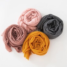 新款 跨境棉麻纱巾女春秋纯色防晒保暖披肩简约复古须毛日韩围巾