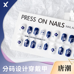 唐潮穿戴甲底色半成品預製甲卡通熊國風清淺上春山鍍晶磨砂封層