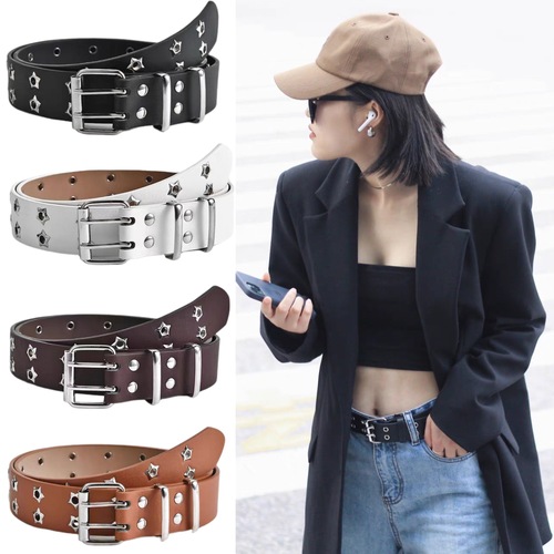 American-style edgy hollow-out vintage punk leather belt for women, featuring subculture-inspired star motifs and double-button detailing—perfect for Y2K-style denim pants and belts.