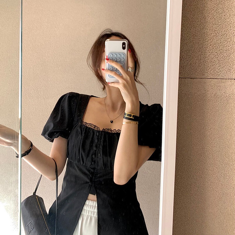 Korean Ins Niche French Style Square Collar Lace Single-Breasted Front Slit Puff Sleeve Shirt for Women