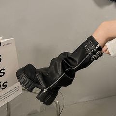 厚底增高长筒靴子女2025新款小个子高筒堆堆裤管靴高跟西部骑士靴
