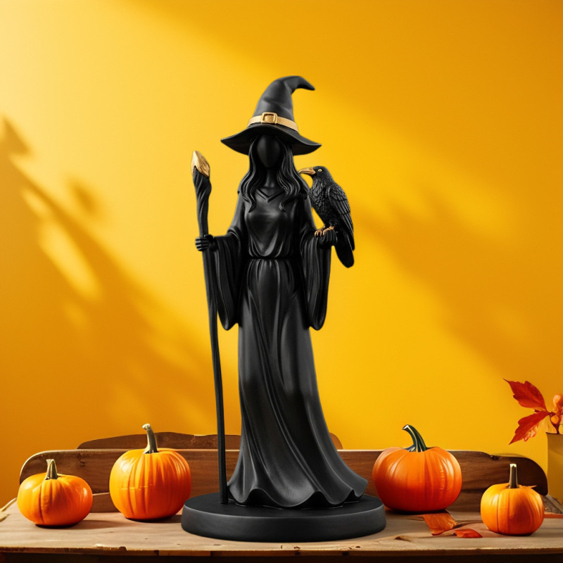 跨境新品万圣节Black Gold Staff Witch Sculpture黑金杖女巫雕像|undefined