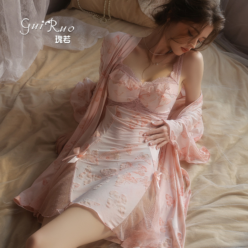 Rose-Like Ice Silk Velvet Butterfly Deep V-Neck with Chest Pads, Slit Mesh Camisole Nightgown and Robe Home Set Qj5286