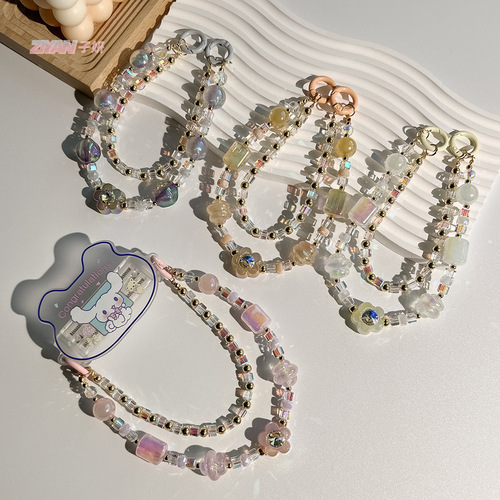 Double layer round bead crystal twist bead mobile phone chain girl handmade DIY beaded hanging chain flower anti-lost mobile phone back clip chain