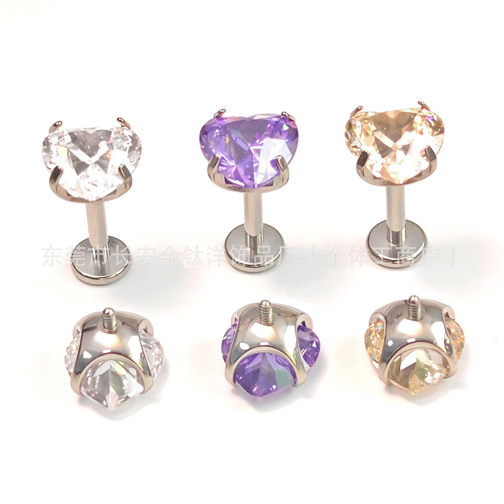 F136 Titanium Round Bottom Heart-Shaped Bird's Nest Cut Zircon Stud Earrings Lip Studs G23 Titanium Alloy Body Piercing Jewelry detail image 4