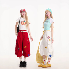 美式下载卡通刺绣工装七分裤女夏新款宽松显瘦嘻哈休闲阔腿弯刀裤