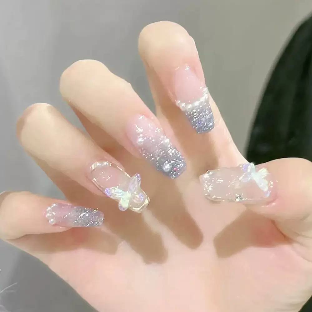 银闪蝴蝶珍珠穿戴甲甜酷 可拆卸假指甲贴片 美甲甲片美甲成品批发
