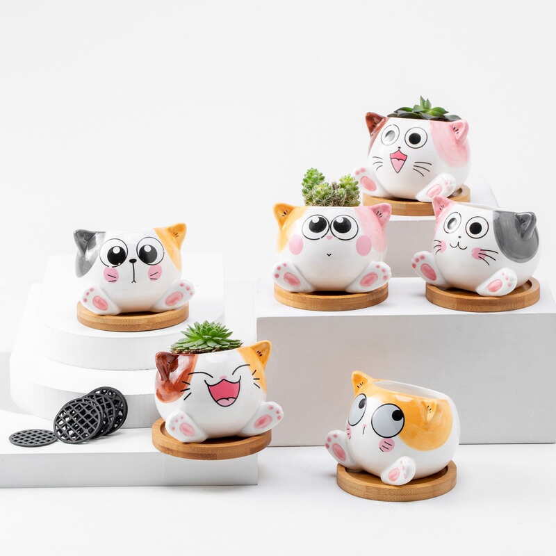 Nordic Ceramic Crafts Fashion Simple Fleshy Small Flower Pot Cute Cat Animal Hand-painted Green Planting Flower Pot Bottom Tray Nordic Ceramic Crafts Fashion Simple Fleshy Small Flower Pot Cute Cat Animal Hand-painted Green Planting Flower Pot Bottom Tray