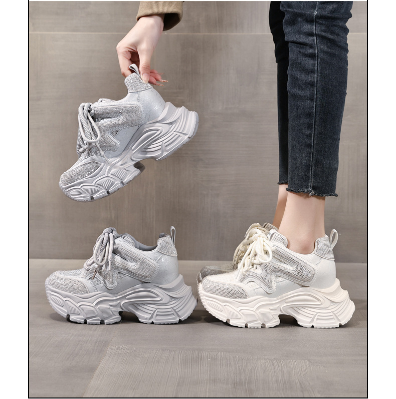 Giày sneaker nữ đế dày tăng chiều cao phong cách thể thao đính đá rhinestone — màu trắng chi tiết 17