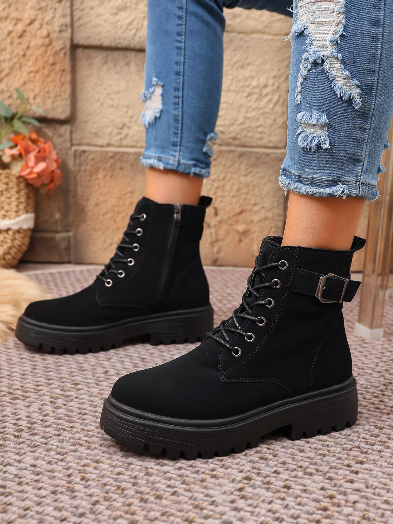 Women's Round Toe Ankle Boots With Side Zipper And Belt Buckle_voghion.com