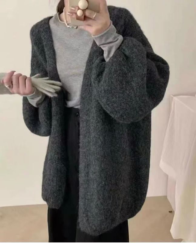欧美跨境中长款毛衣女外套秋冬季新款纯色休闲慵懒风宽松针织开衫|undefined