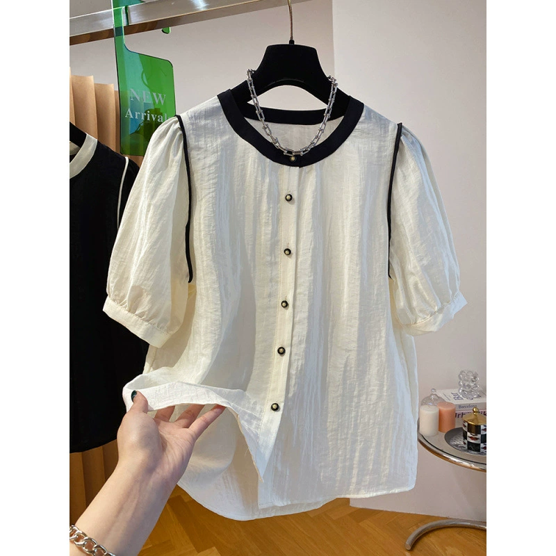2024 новый корейский дизайн, нишевая свободная повседневная рубашка из тенселя с круглым вырезом, женский летний тонкий топ с короткими рукавами