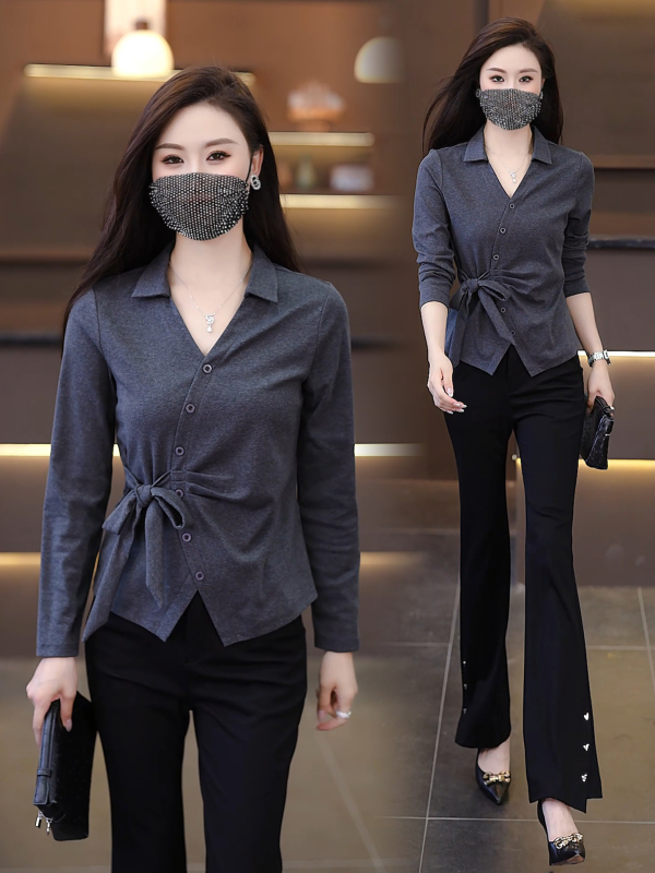 时尚洋气V领T恤女2025早秋新款设计感小众宽松显瘦百搭打底衫上衣|undefined