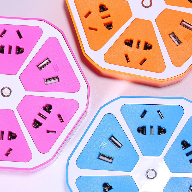 4USB充电彩色礼品盒外贸外销创意 新款充电六角水果插座圆盘