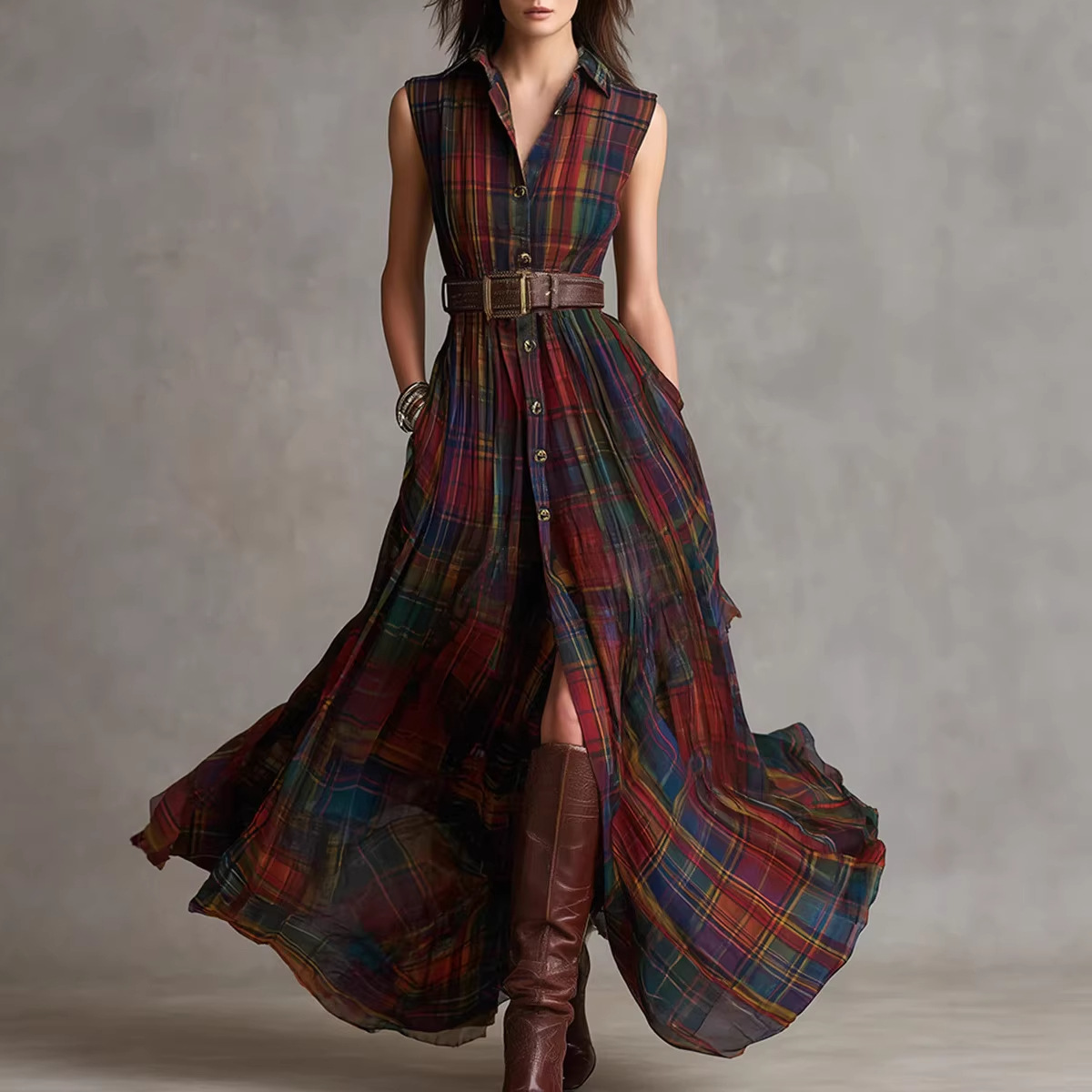 2026shein European And American Independent Site Cross-Border Vacation Western Bohemian Plaid Pocket Dress_voghion.com