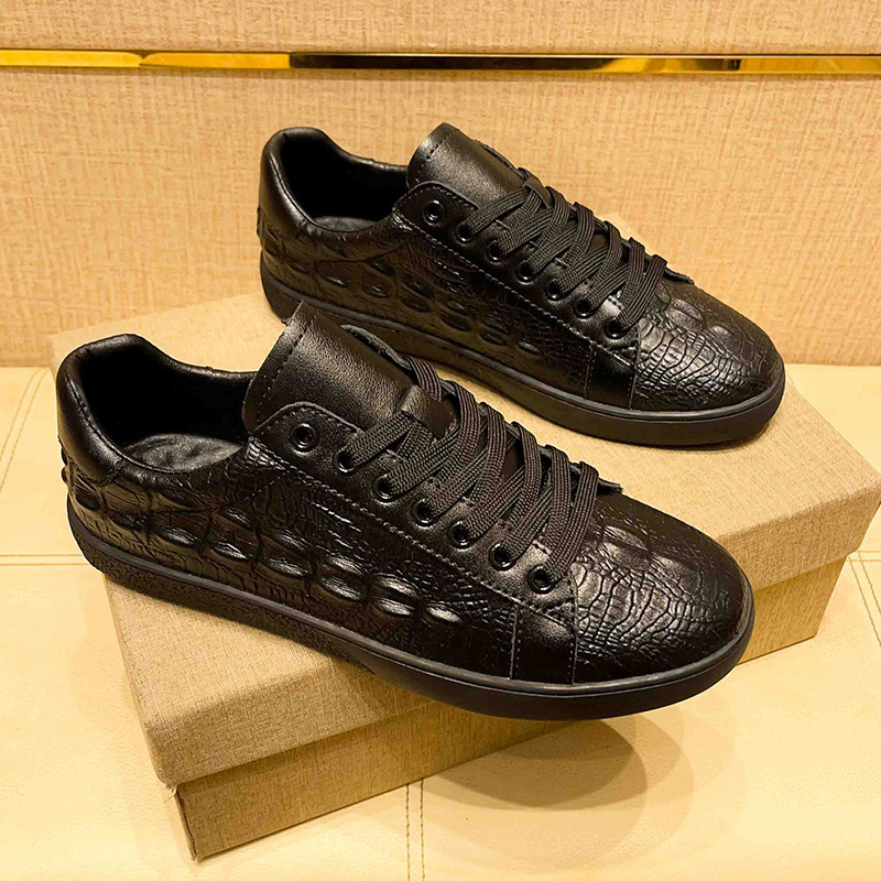 Cross-Border European Men's Shoes, Spring New Style Men's Business Sneakers, Genuine Leather Crocodile Pattern Casual Shoes, Versatile White Shoes
