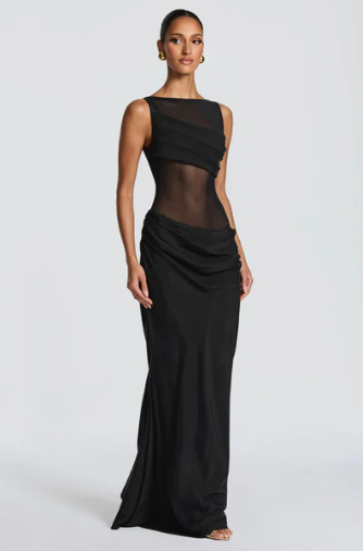 Women's Solid Color Patchwork Slim Fit Dress - Sheer Draped Evening Gown For Sophisticated Style_ecoleips.com