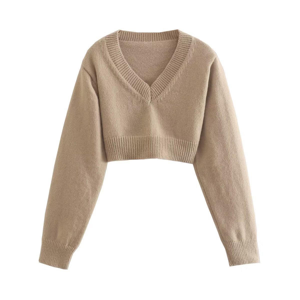 solid color long sleeve V-neck pullover crop sweater NSAM136085