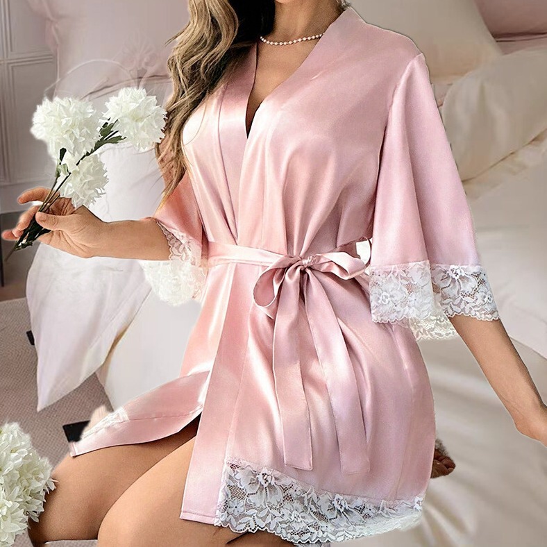 French-Style Bridal Bathrobe Bridesmaid Gift Nightgown Mid-Sleeve Long Lace Trim Pajamas Tie Casual Nightgown Loungewear