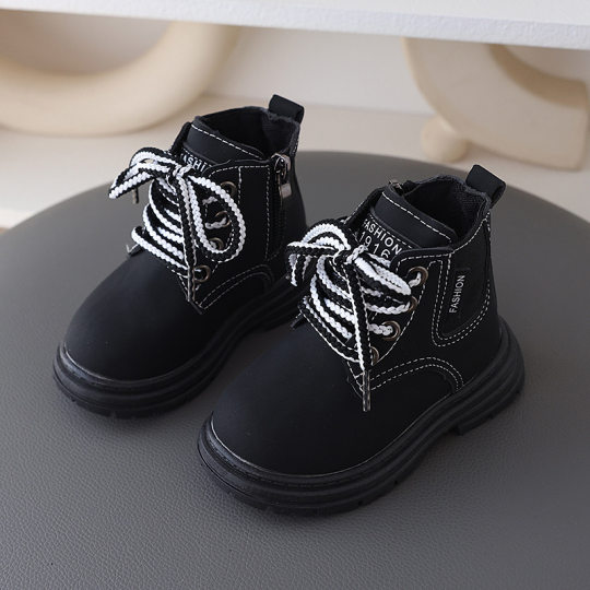 Girls Martin Boots Spring and Autumn New Black Rhubarb Boots Boys and Children Single Boots British Leather Boots Non-slip Ankle Boots