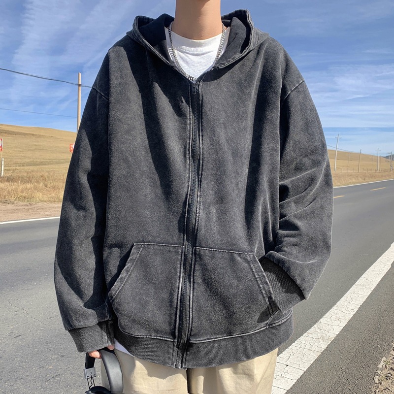 美式复古水洗做旧开衫卫衣男秋冬季小众高街重磅潮牌ins连帽外套