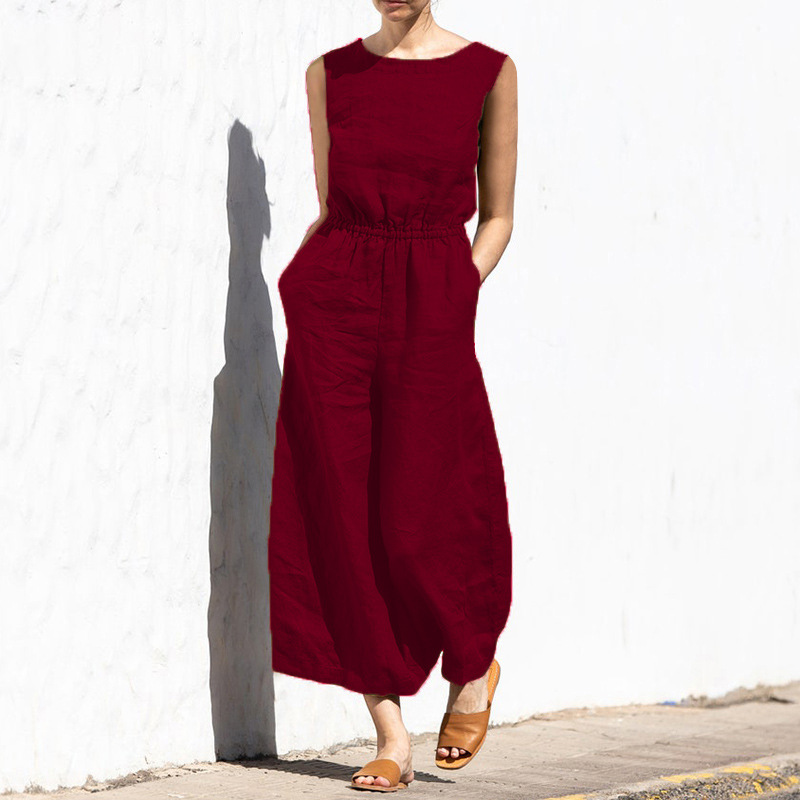 Cotton And Linen Jumpsuit Women Solid Color Sleeveless Pocket High Waist Wide Legs Jumpsuits Casual Commuting Ladies Bodysuits_voghion.com