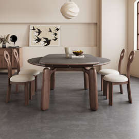 。美式折叠实木餐桌椅可伸缩方变圆形2024年新款复古法式中古侘寂