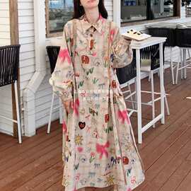 2025早秋新款设计感格子涂鸦长袖连衣裙女显瘦休闲减龄到脚踝长裙