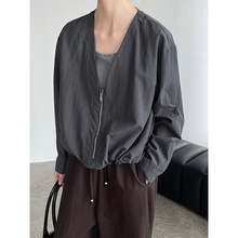 滔川     韩系假两件V领撞色拉链衬衫女25秋小众高级感上衣2807