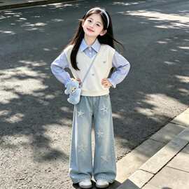 女童春秋套装2026新款儿童洋气上衣大童女孩阔腿牛仔裤秋装两件套