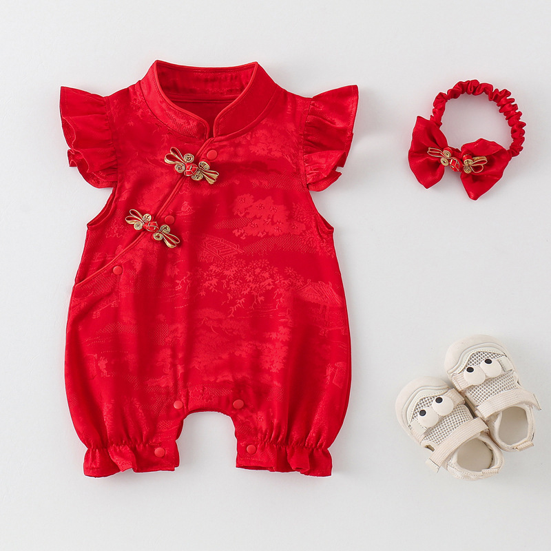 Red Festive Full-Month Birthday 100-Day Baby Sleeveless Romper Newborn Dress Summer Outfit Class a Safety