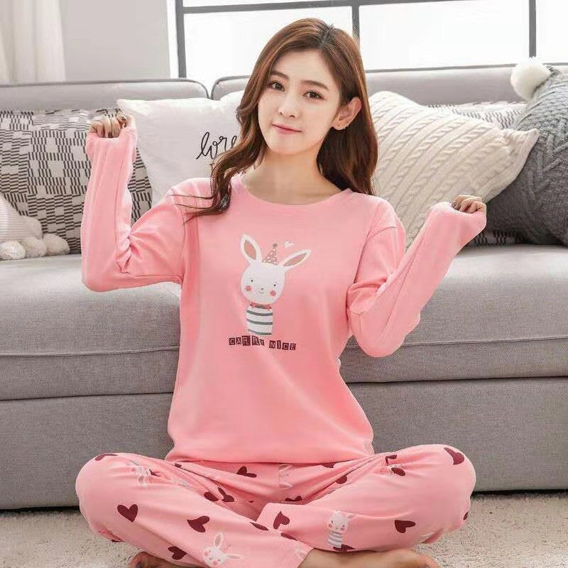 薄い長袖のパジャマの女性の春秋の2セットの日本のかわいいウサギの女性のカジュアルな年齢の家庭服のスーツ|undefined