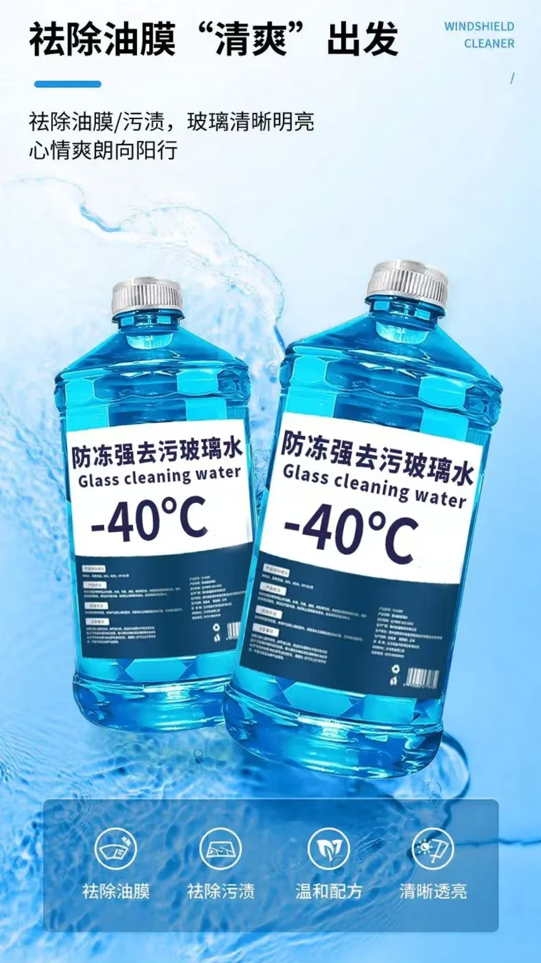 Winter Car Glass Water Antifreeze Type for Temperatures Below -40-15-25, Car Wiper Fluid for All Seasons, Removes Oil Film and Insect Residue