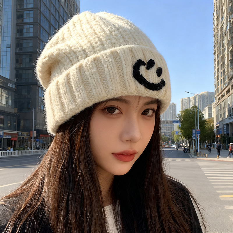 秋冬笑脸蓝色毛线帽子女加厚保暖大头围冷帽显脸小护耳针织堆堆帽|undefined