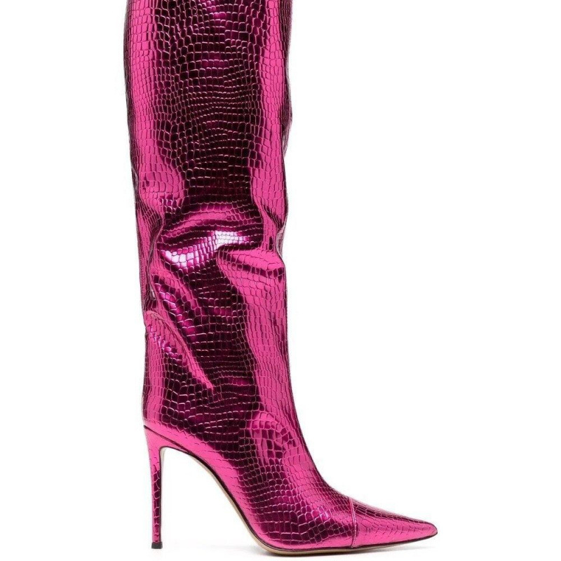 European and American Foreign Trade Fine Heel Pointed Gold silver Magic Color Laser Patent Leather Snake Pattern Bright Leather Boots