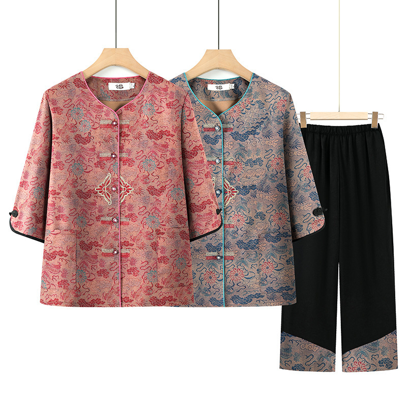 Summer Clothing for Middle-Aged and Elderly Women, Short-Sleeved Suits for Grandma, Wedding Banquet Dresses, Festive Tops for the Elderly, Mom's Festive Tang Suit