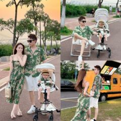 海辺のリゾートビーチの親子服三口ハワイのシャツがゆったりしています。