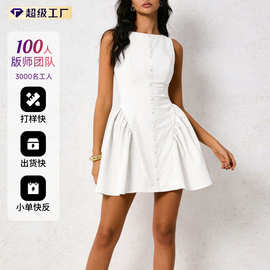 夏季新款欧美风白色无袖A字连衣裙女收腰显瘦系带露背女短裙跨境