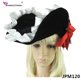 Halloween White Satin Ribbon Edge Black Pirate Hat Costume Accessories Party Cosplay Makeup Show Hat